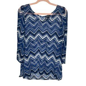 Lucky Brand women's blue white chevron silk v neck blouse size xs sheer y2k